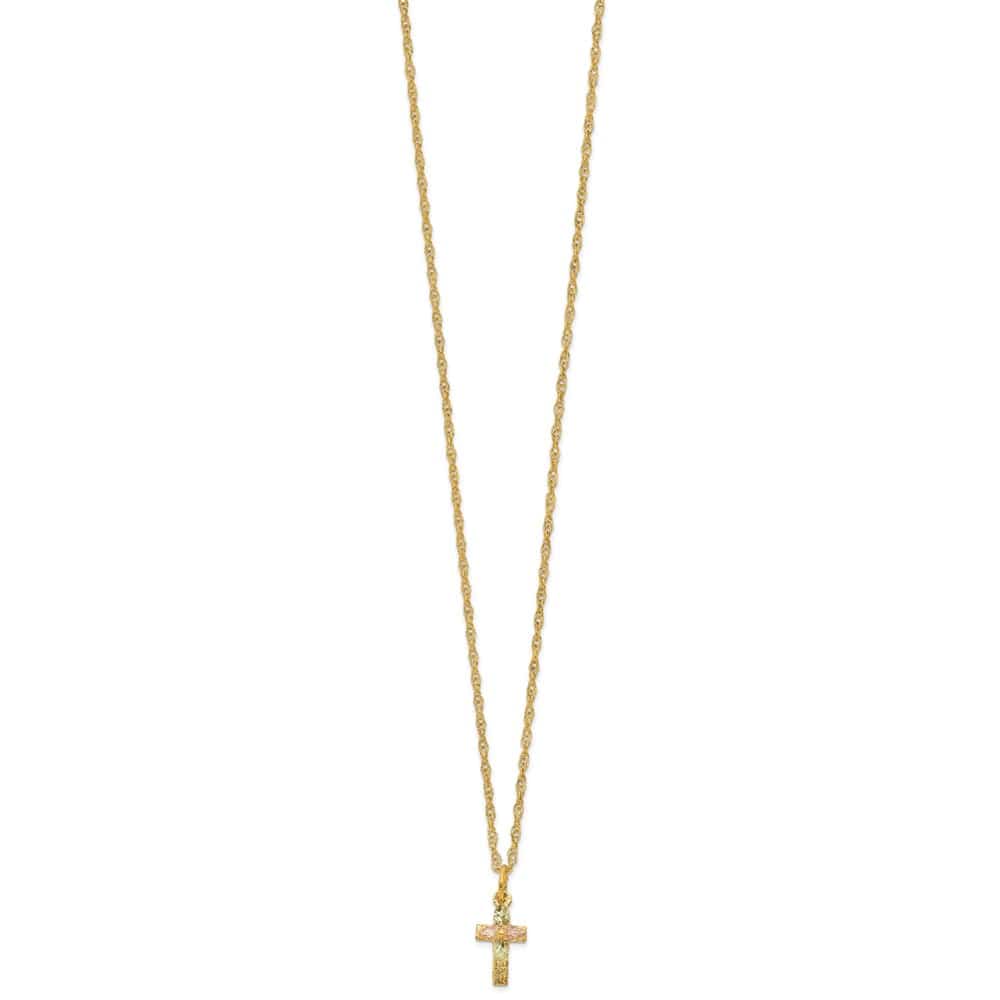 10K Tri-Color Black Hills Gold Leaves on Small Cross 18 inch Necklace