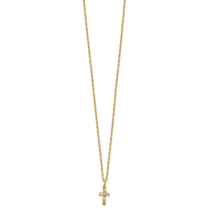 10K Tri-Color Black Hills Gold Leaves on Small Cross 18 inch Necklace