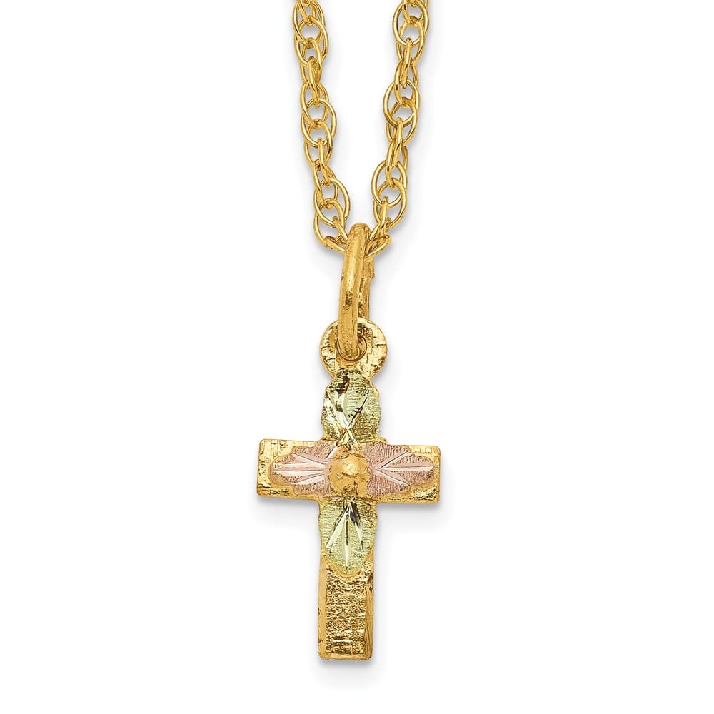 10K Tri-Color Black Hills Gold Leaves on Small Cross 18 inch Necklace