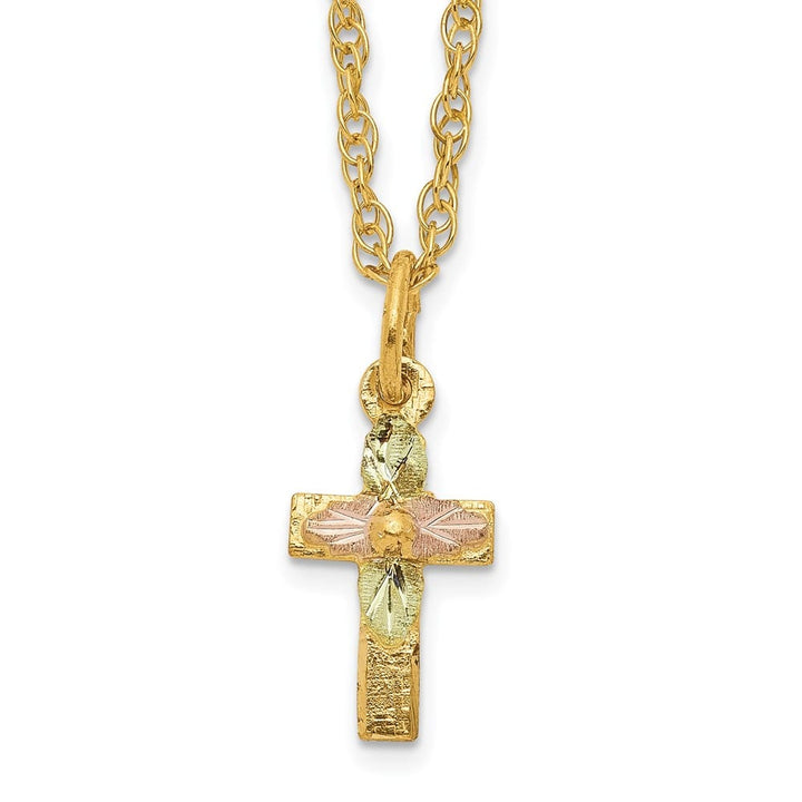 10K Tri-Color Black Hills Gold Leaves on Small Cross 18 inch Necklace