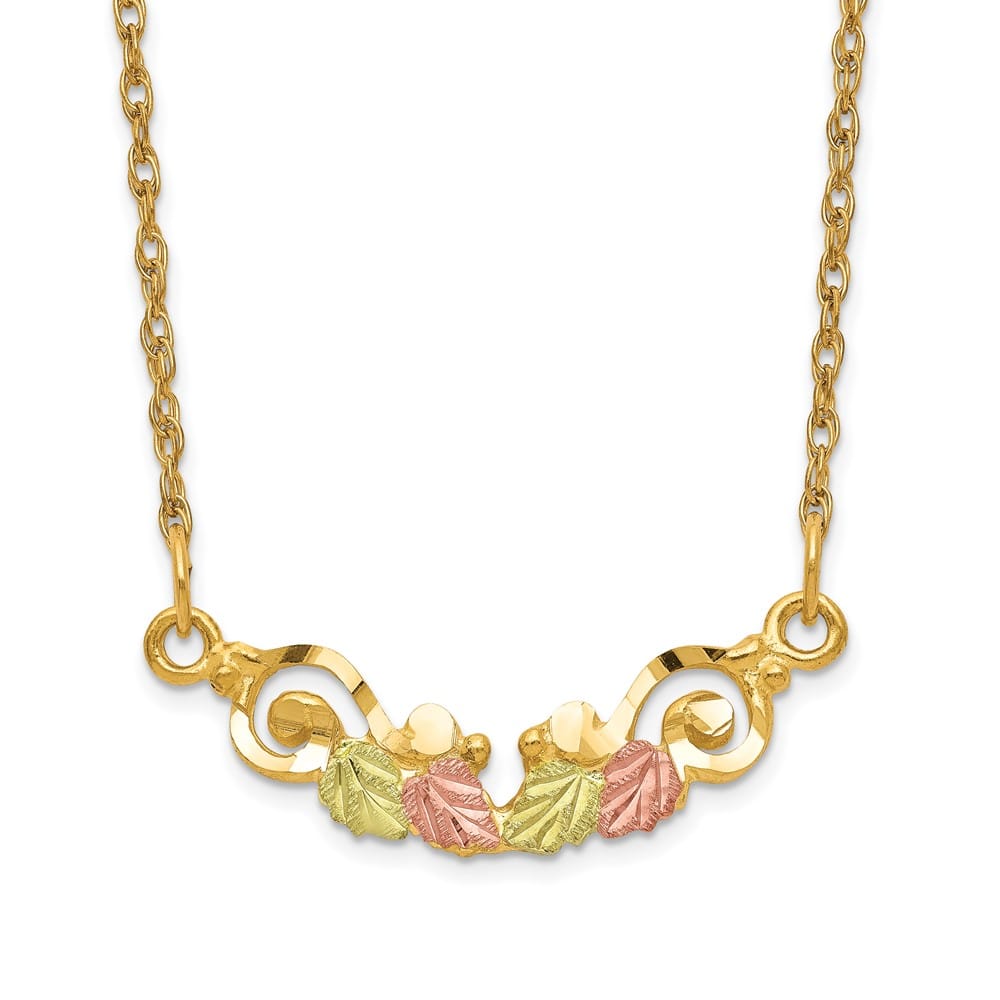 10K Tri-Color Black Hills Gold Leaves Scroll Bar 19 inch Necklace