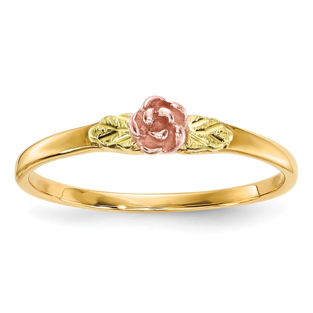10K Tri-Color Black Hills Gold Rose and Leaves Ring