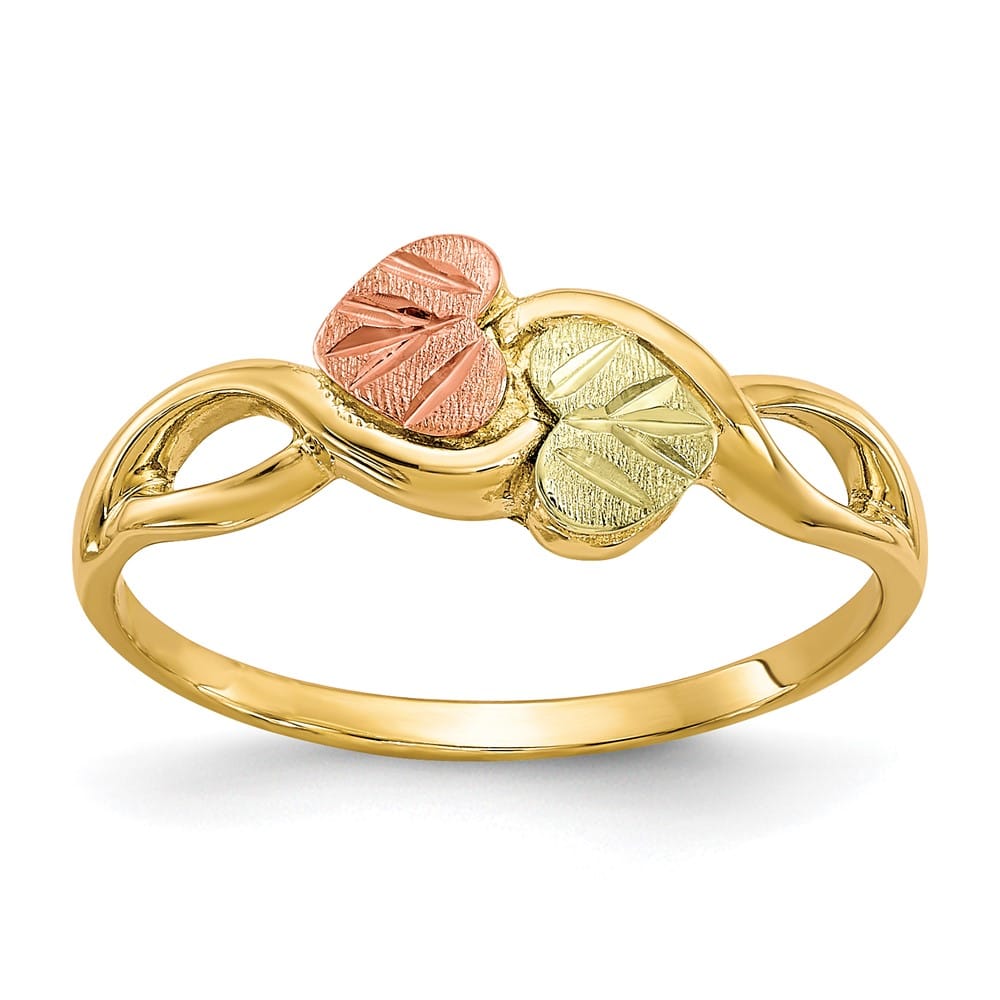 10K Tri-Color Black Hills Gold Two Heart Leaves Ring