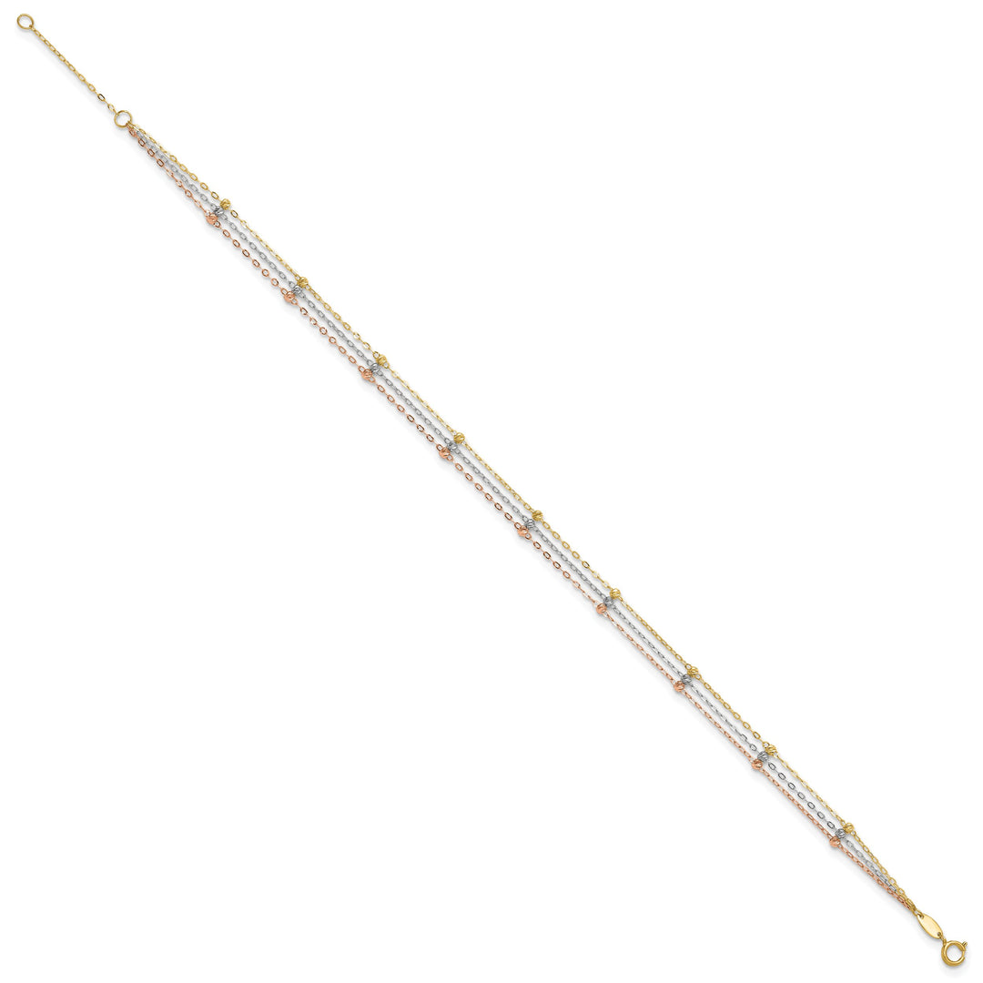10K Tri-Color Gold 3-Strand D.C. Beaded Anklet with Extender 10 Inch