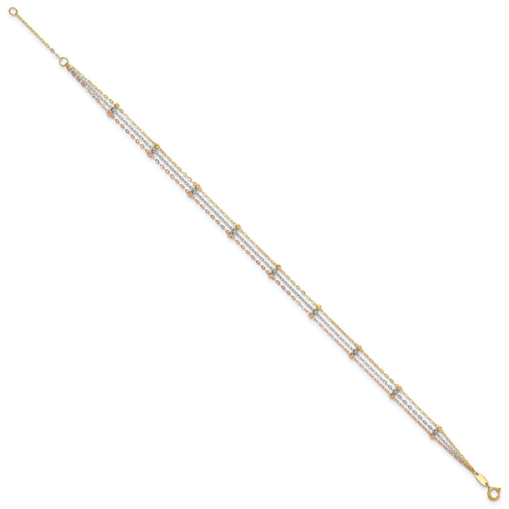10K Tri-Color Gold 3-Strand D.C. Beaded Anklet with Extender 10 Inch