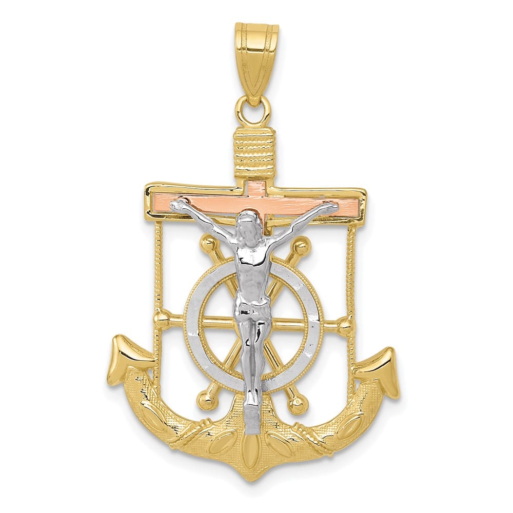 10K Tri-Color Gold D.C. and Textured Large Mariner's Crucifix Pendant