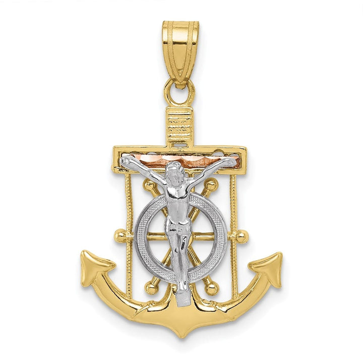 10K Tri-Color Gold D.C. Textured Large Mariner's Crucifix Pendant