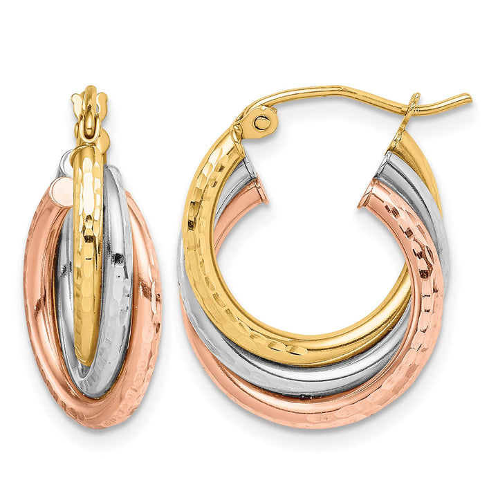 10k Tri-color Gold Diamond-cut Round Triple Hoop Earrings