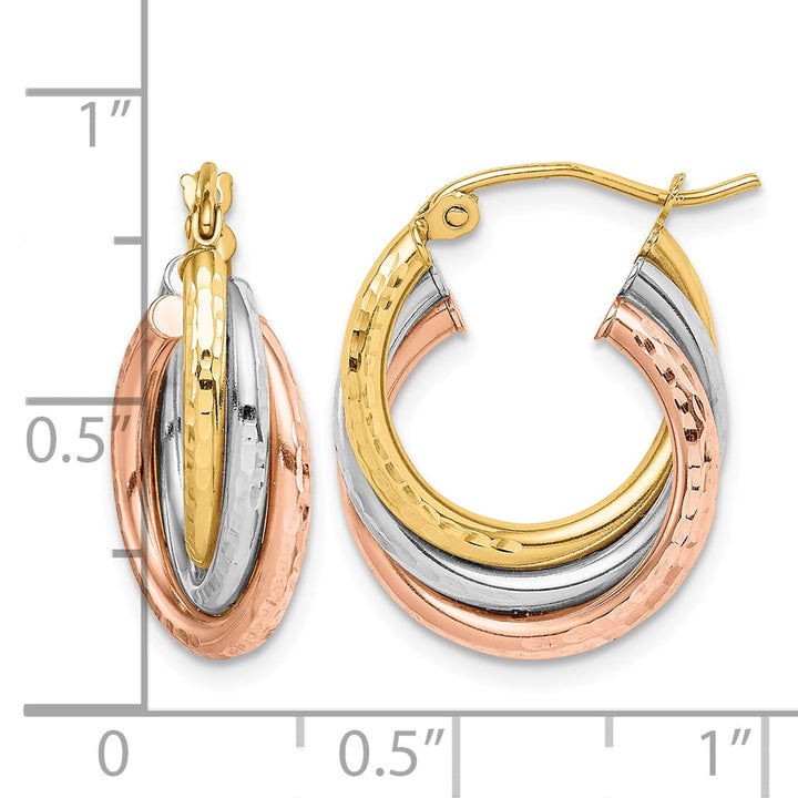 10k Tri-color Gold Diamond-cut Round Triple Hoop Earrings