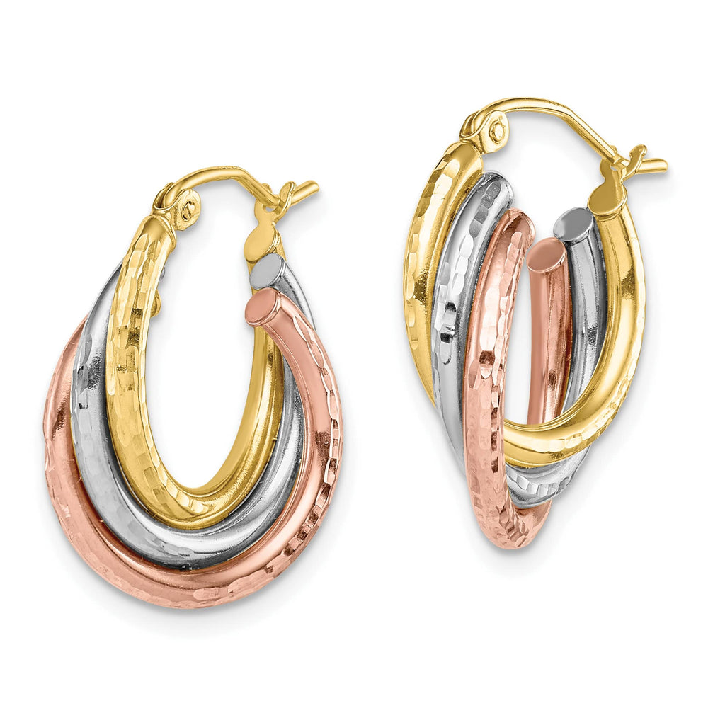 10k Tri-color Gold Diamond-cut Round Triple Hoop Earrings