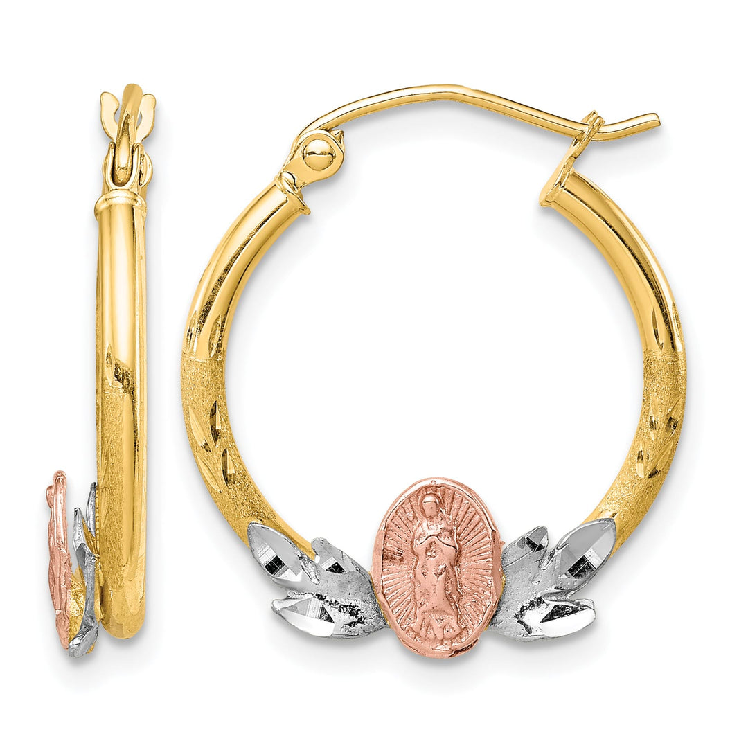 10k Tri-color Gold Our Lady of Guadalupe Diamond-cut Hoop Earrings, 22mm