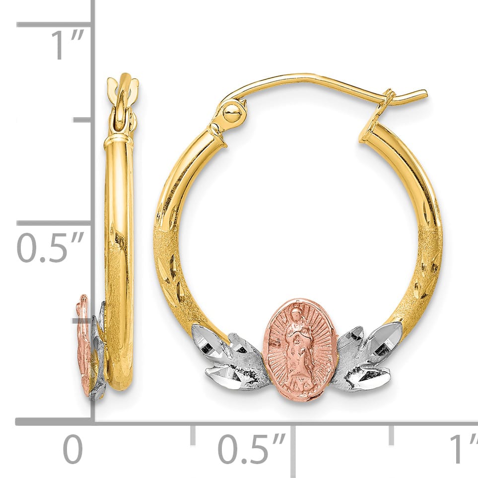10k Tri-color Gold Our Lady of Guadalupe Diamond-cut Hoop Earrings, 22mm