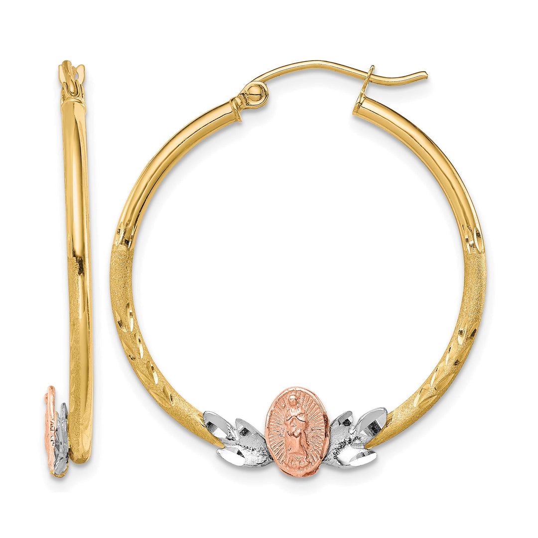 10k Tri-color Gold Our Lady of Guadalupe Diamond-cut Hoop Earrings, 33mm
