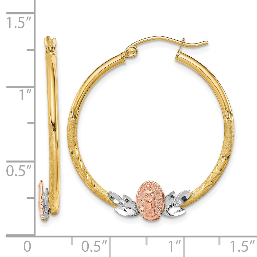 10k Tri-color Gold Our Lady of Guadalupe Diamond-cut Hoop Earrings, 33mm