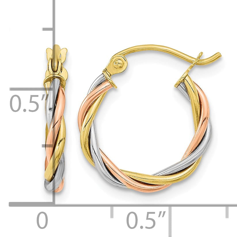 10k Tri-color Gold Polished 2.5mm Twisted Round Hoop Earrings