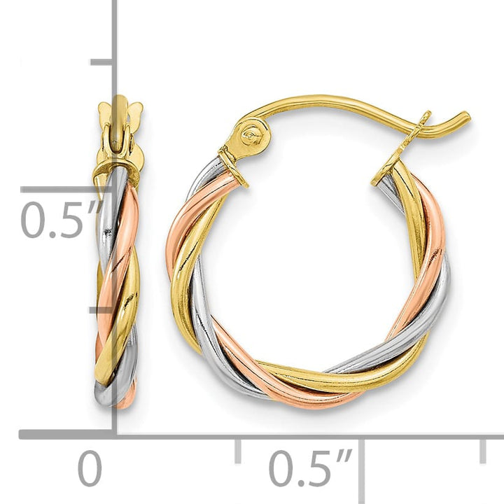10k Tri-color Gold Polished 2.5mm Twisted Round Hoop Earrings
