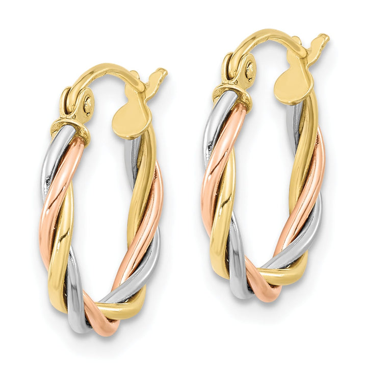 10k Tri-color Gold Polished 2.5mm Twisted Round Hoop Earrings