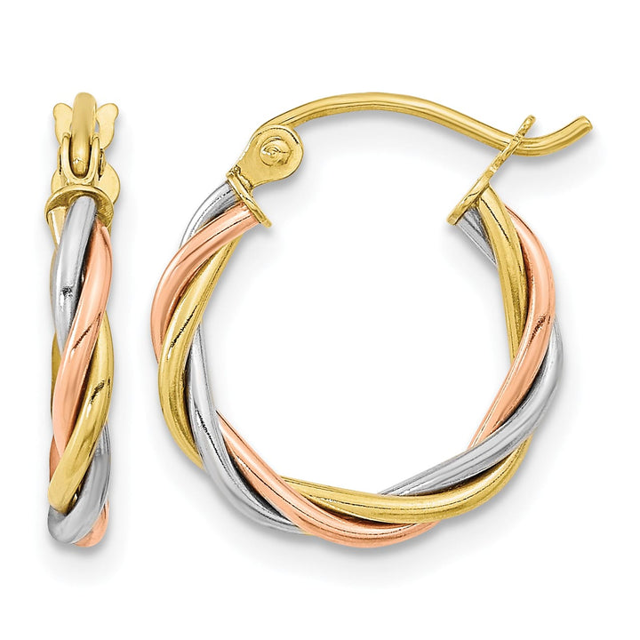 10k Tri-color Gold Polished 2.5mm Twisted Round Hoop Earrings