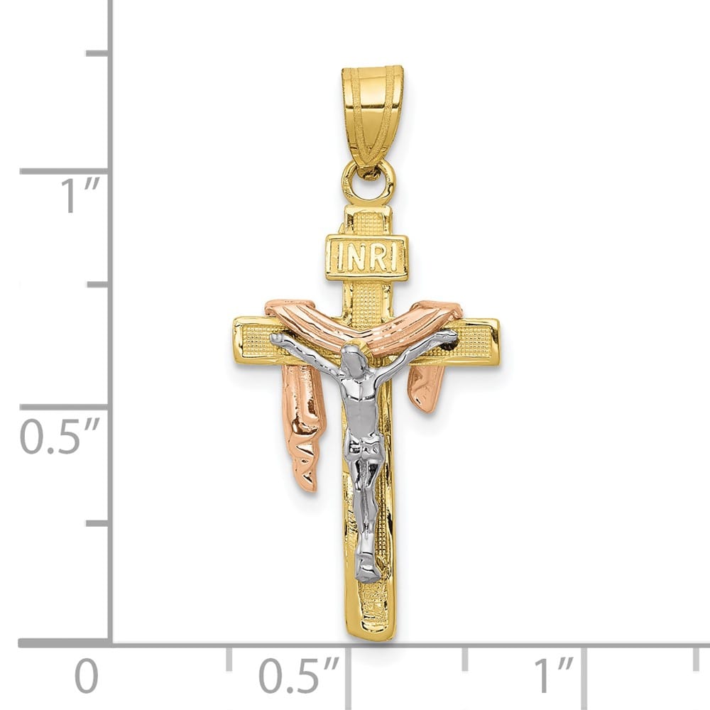 10K Tri-Color Gold Polished D.C. Large Draped INRI Crucifix Pendant