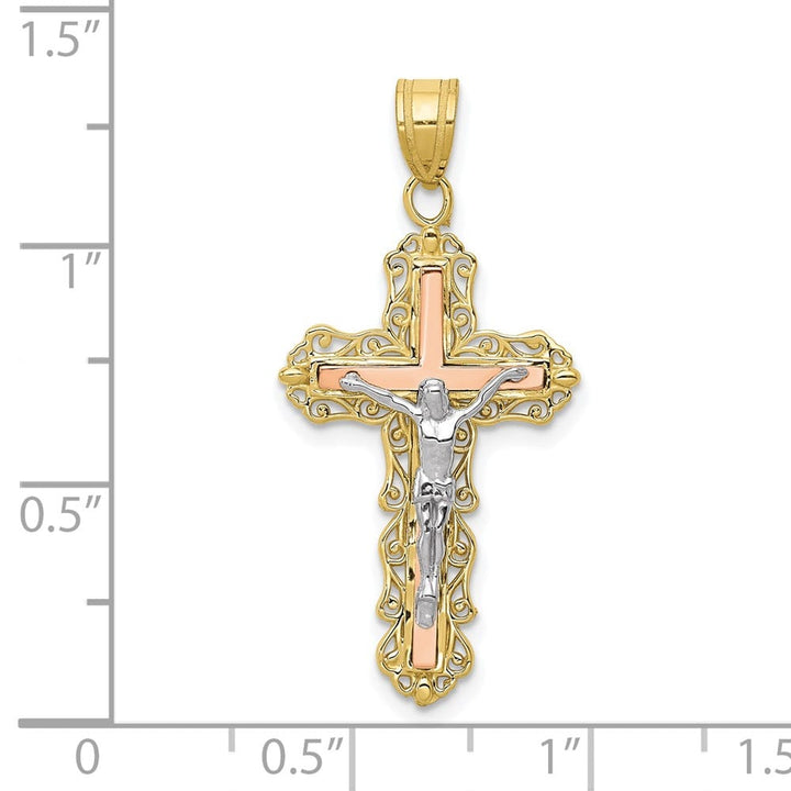 10K Tri-Color Gold Polished D.C. Large Fleur de Lis Crucifix Pendant
