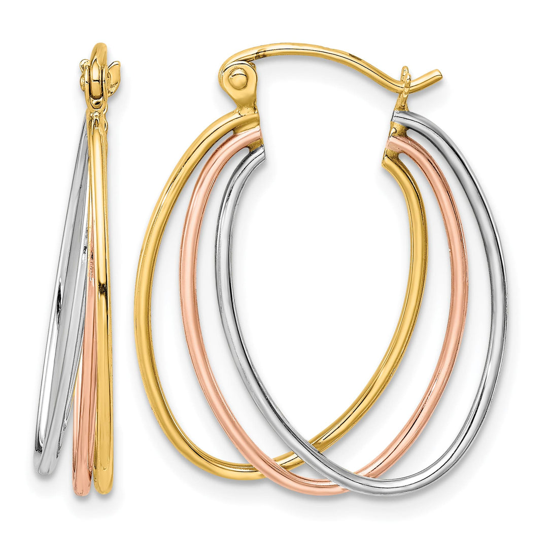 10k Tri-color Gold Polished Oval Triple Hoop Earrings