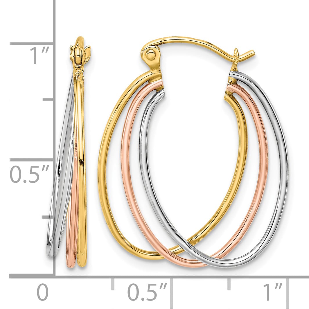 10k Tri-color Gold Polished Oval Triple Hoop Earrings