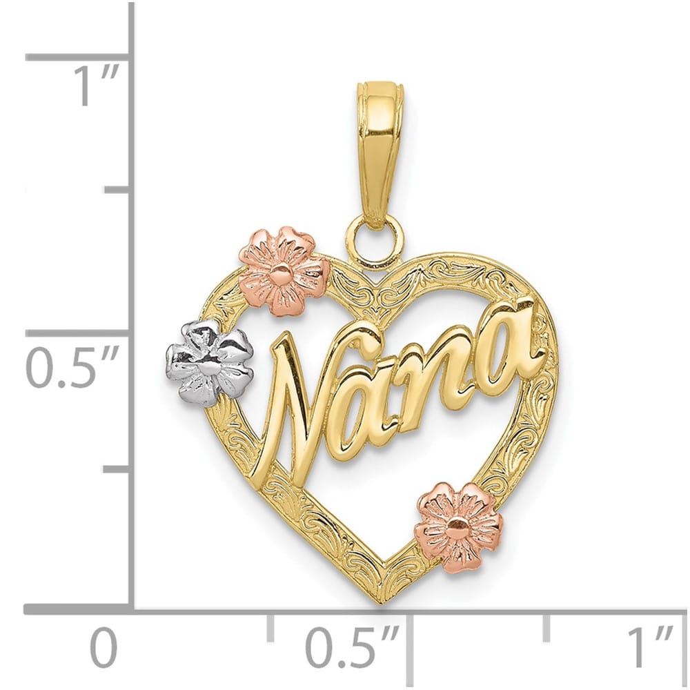 10K Tri-Color Gold Solid Medium NANA in Heart with Flowers Pendant