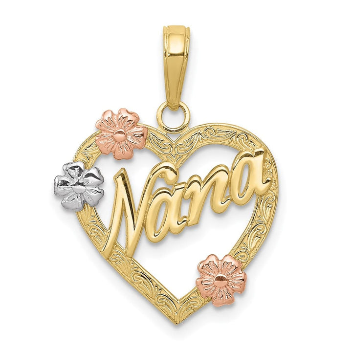 10K Tri-Color Gold Solid Medium NANA in Heart with Flowers Pendant