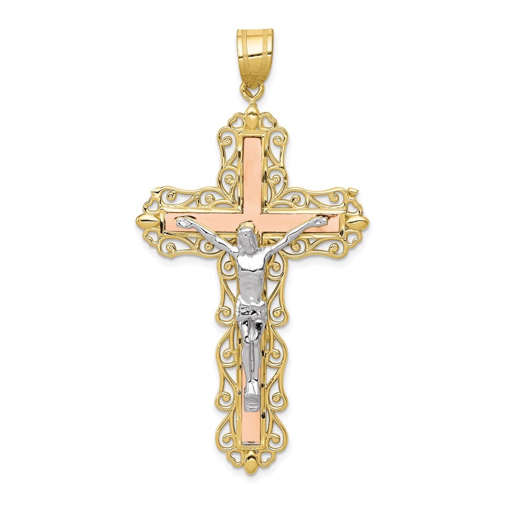 10K Tri-Color Gold Solid Polished D.C. Extra Large Crucifix Pendant