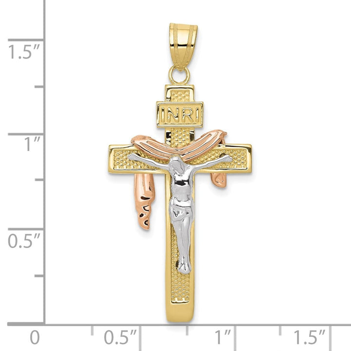 10K Tri-Color Gold Solid Polished Large Draped INRI Crucifix Pendant