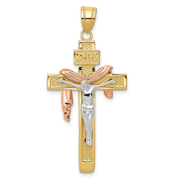 10K Tri-Color Gold Solid Polished Large Draped INRI Crucifix Pendant