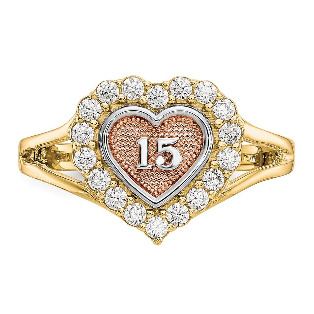 10k Two-Tone Gold 15 Heart CZ Halo Ring