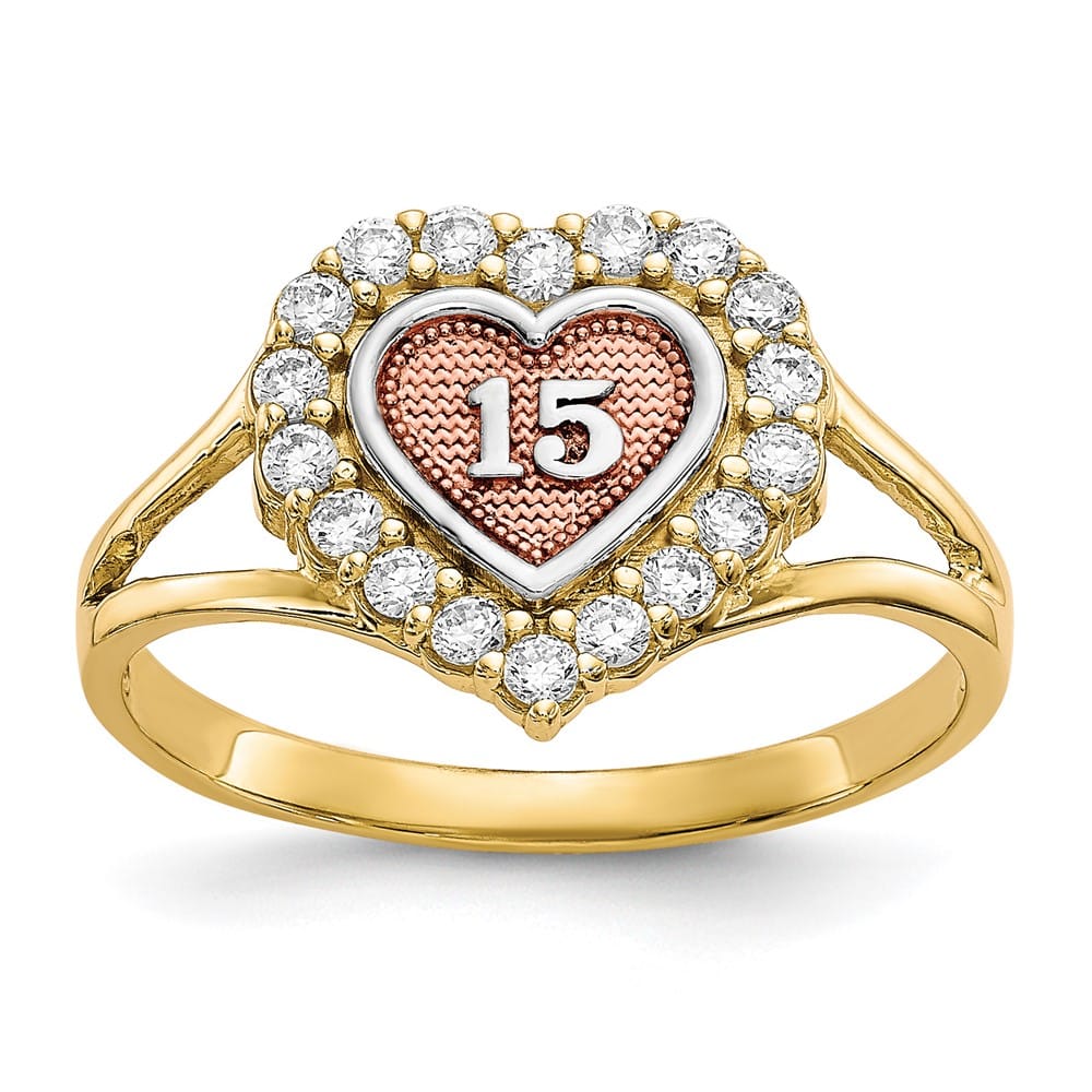 10k Two-Tone Gold 15 Heart CZ Halo Ring