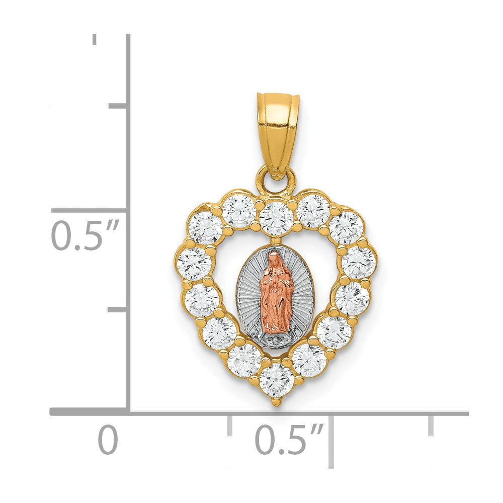 10K Two-Tone Gold CZ Our Lady of Guadalupe Heart Pendant