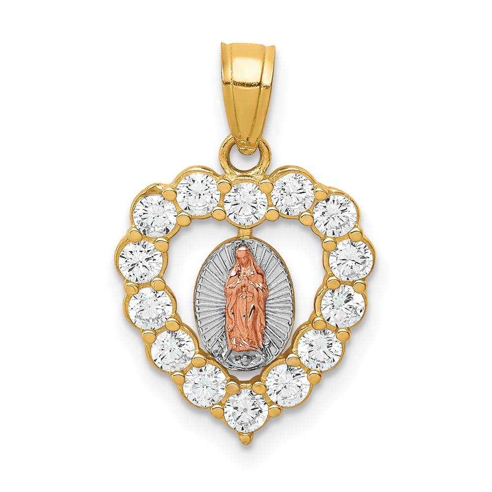 10K Two-Tone Gold CZ Our Lady of Guadalupe Heart Pendant