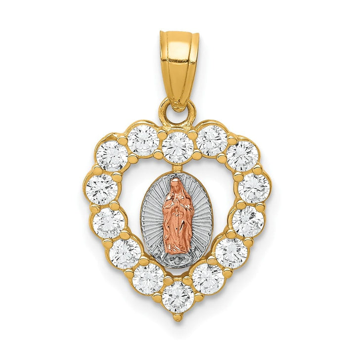 10K Two-Tone Gold CZ Our Lady of Guadalupe Heart Pendant