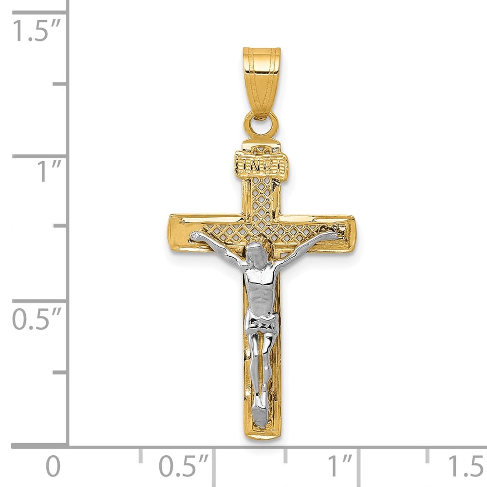 10K Two-Tone Gold D.C. Large Block Lattice Latin Crucifix Pendant