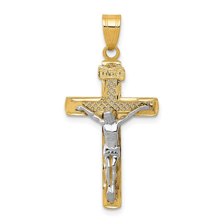 10K Two-Tone Gold D.C. Large Block Lattice Latin Crucifix Pendant