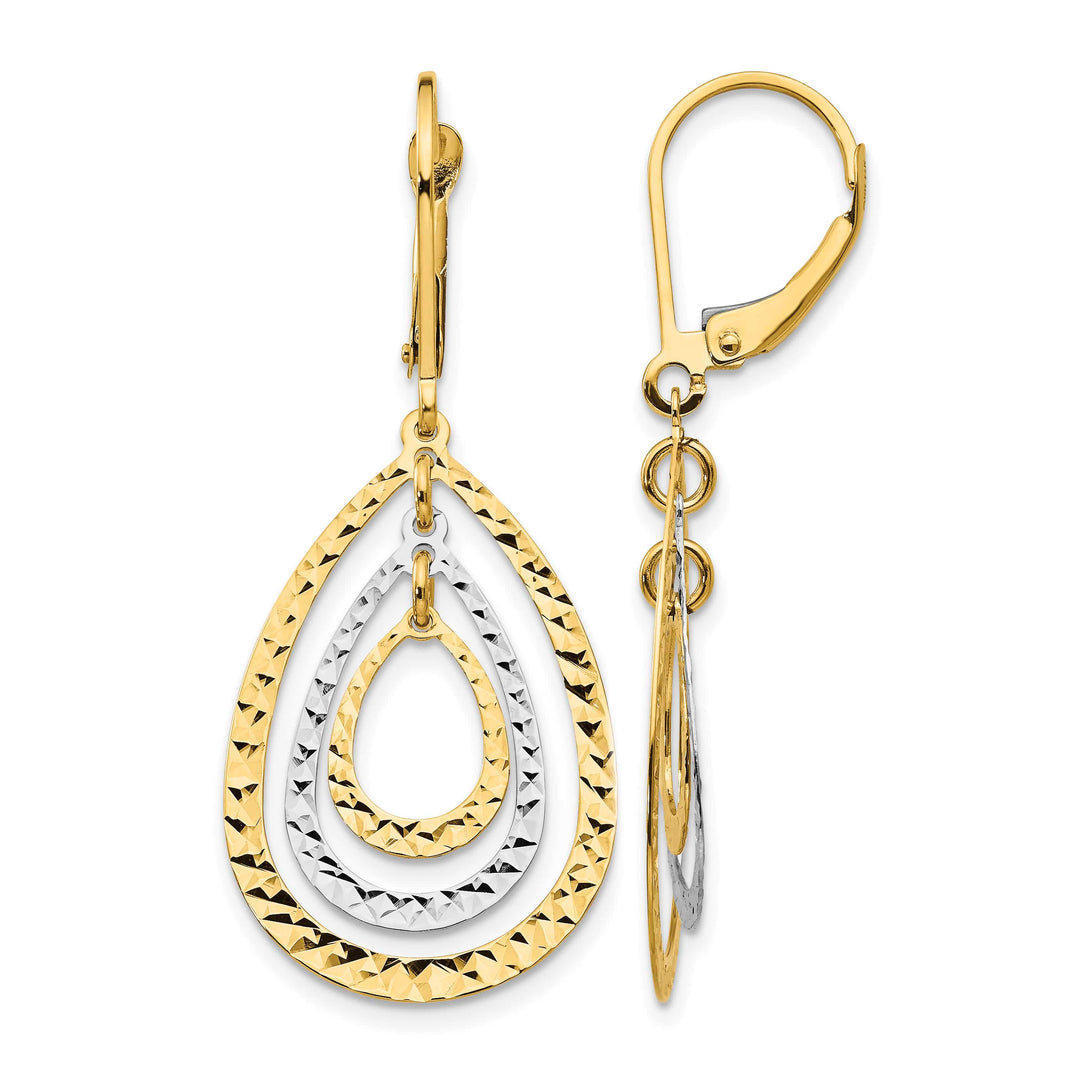 10k Two-tone Gold Diamond-cut Teardrop Dangle Leverback Earrings