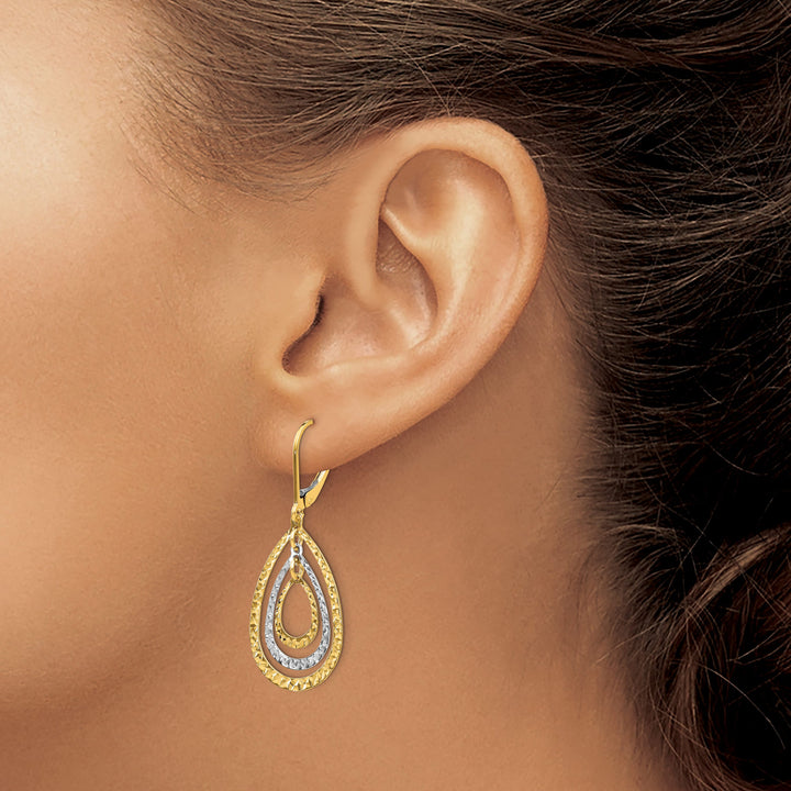 10k Two-tone Gold Diamond-cut Teardrop Dangle Leverback Earrings