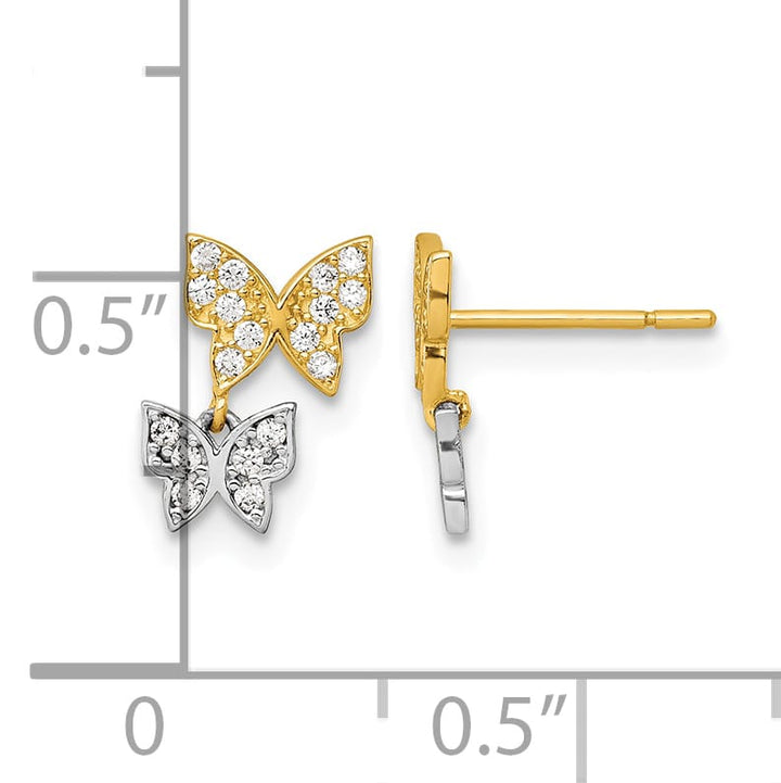 10k Two-tone Gold Double Butterfly with White CZ Dangle Post Earrings