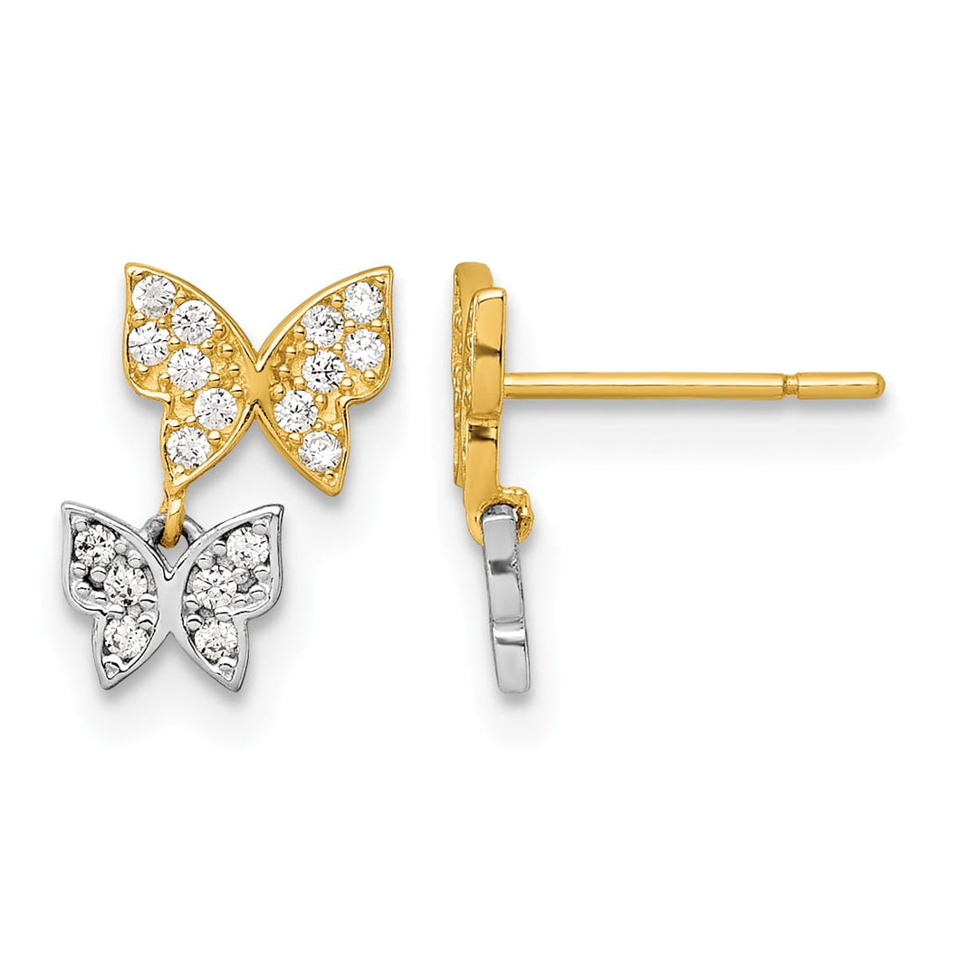 10k Two-tone Gold Double Butterfly with White CZ Dangle Post Earrings