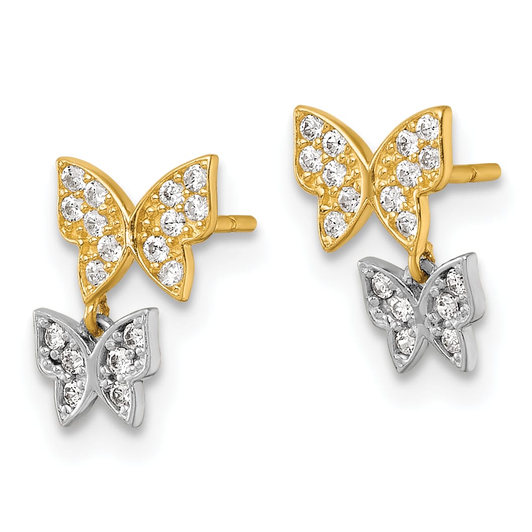 10k Two-tone Gold Double Butterfly with White CZ Dangle Post Earrings