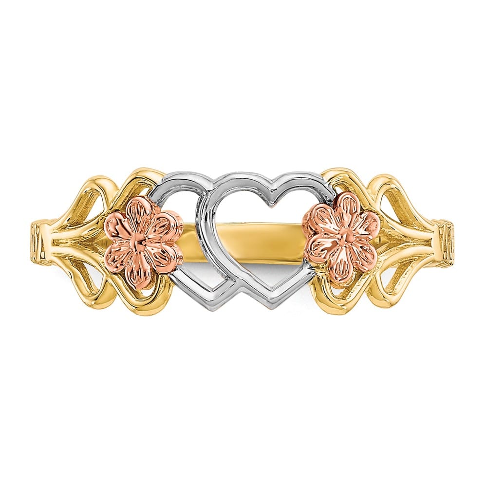 10k Two-Tone Gold Double Heart and Flowers Ring