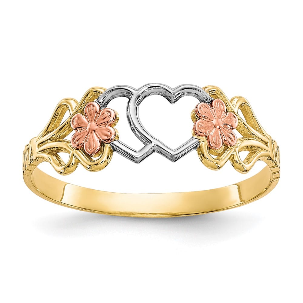 10k Two-Tone Gold Double Heart and Flowers Ring