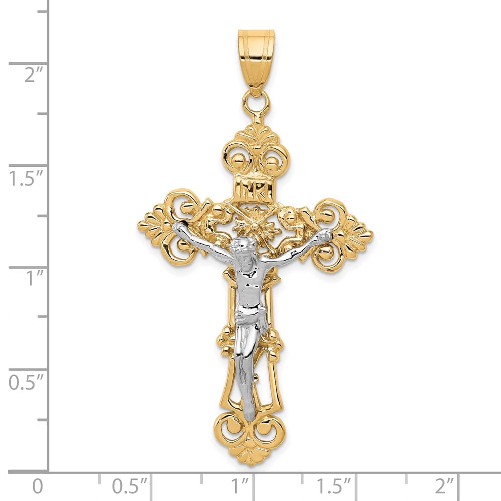 10K Two-Tone Gold Extra Large INRI Fleur de Lis Crucifix Pendant