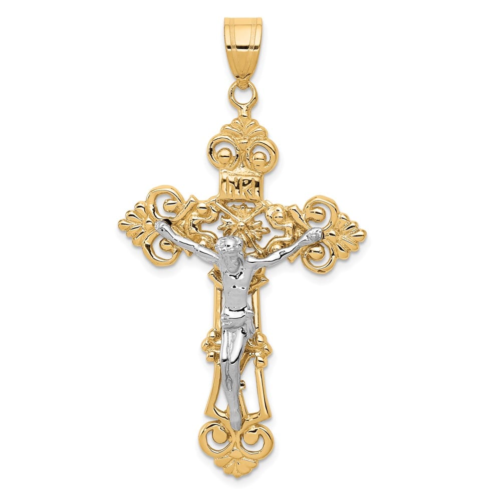 10K Two-Tone Gold Extra Large INRI Fleur de Lis Crucifix Pendant