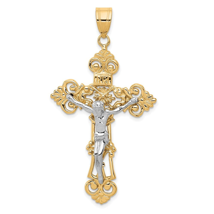 10K Two-Tone Gold Extra Large INRI Fleur de Lis Crucifix Pendant
