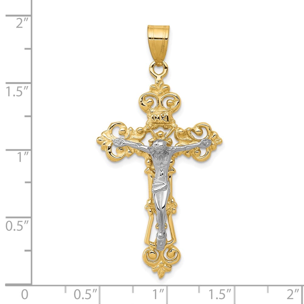 10K Two-Tone Gold Extra Large INRI Fleur de Lis Crucifix Pendant