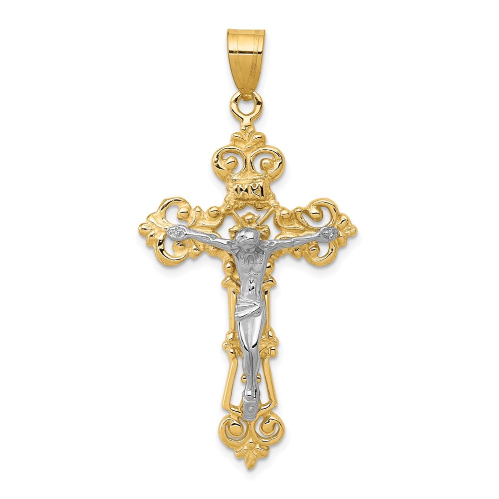 10K Two-Tone Gold Extra Large INRI Fleur de Lis Crucifix Pendant